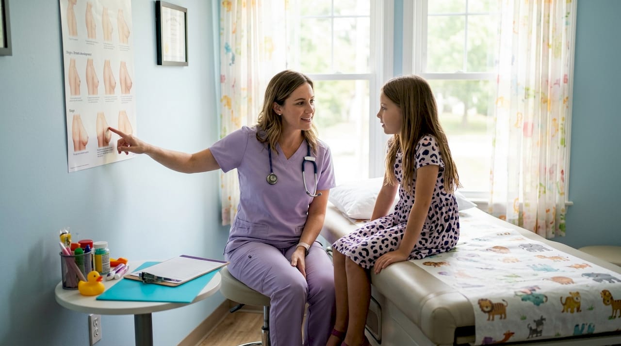 Pediatrician explaining puberty signs to young girl