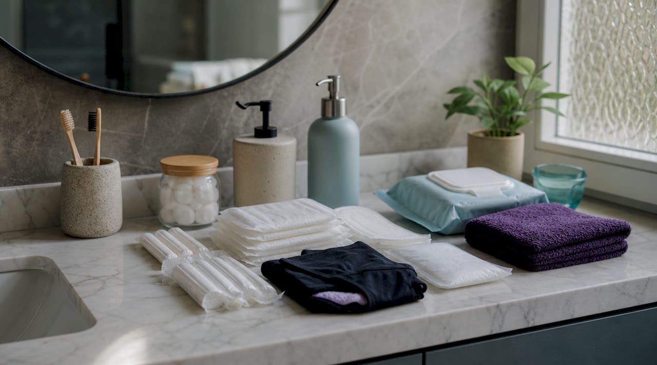 Menstrual products arranged on bathroom counter