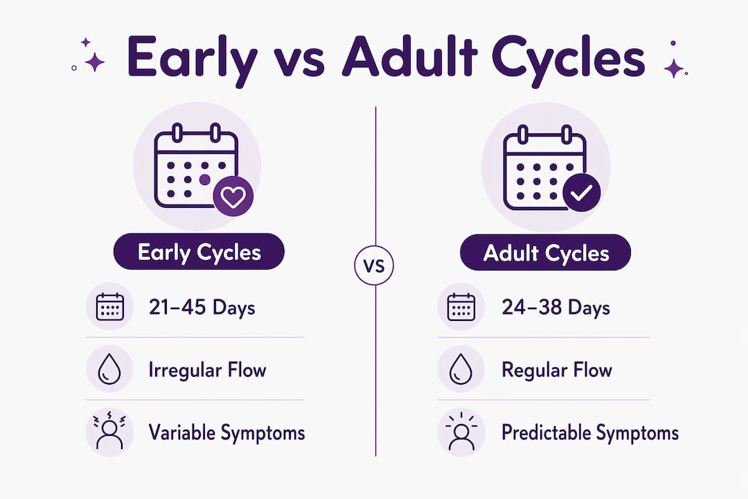 Infographic comparing early and adult menstrual cycles