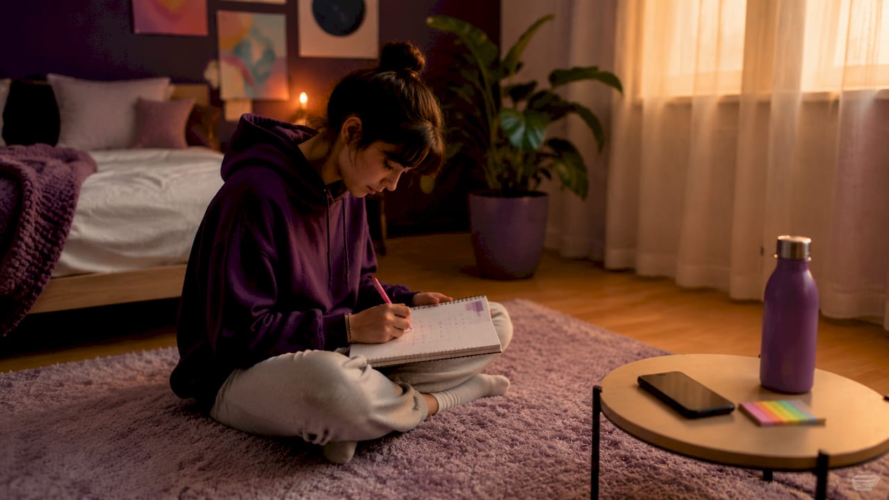 Girl writing period notes in notebook