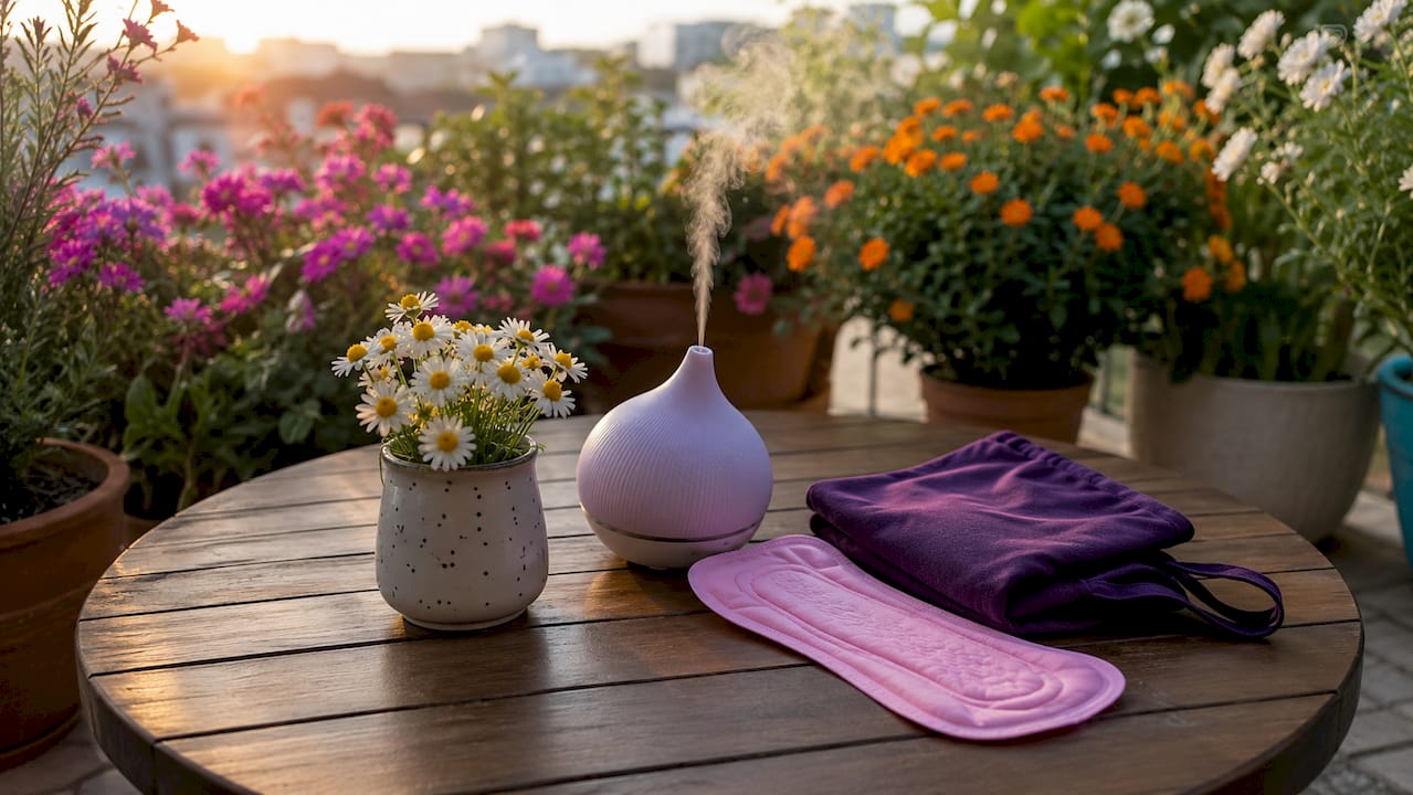 Menstrual hygiene items on bathroom counter