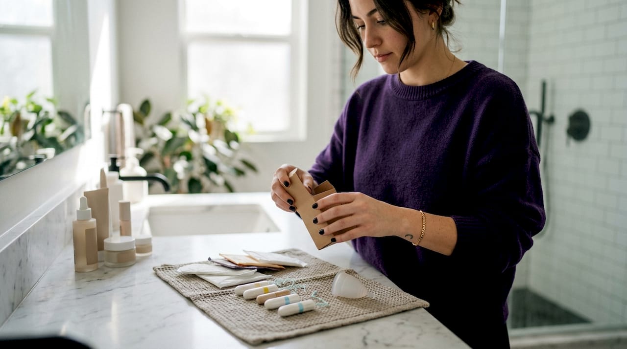 Hands unpacking menstrual products on table