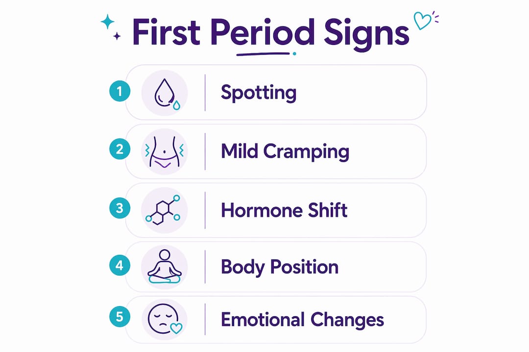 Infographic illustrating first period signs and stages