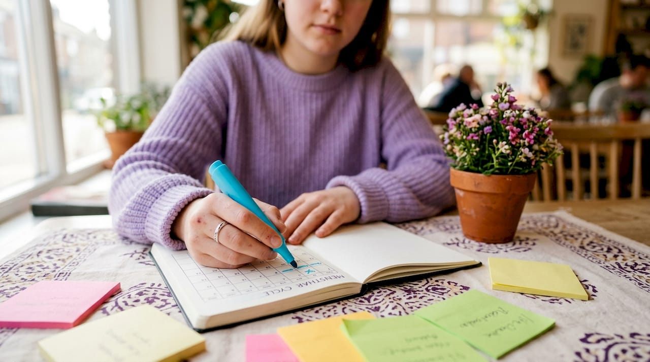 Young girl’s hands with cycle tracking notebook and pens