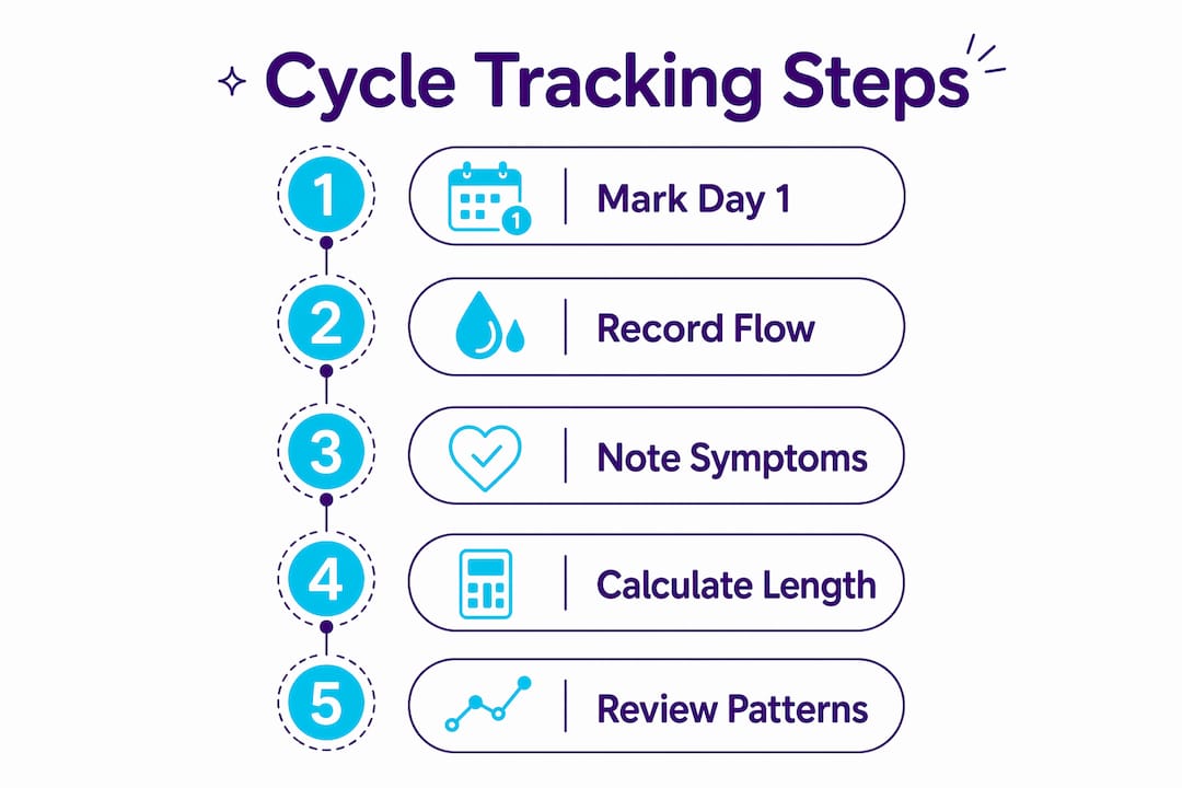 Infographic outlining five steps to track menstrual cycle