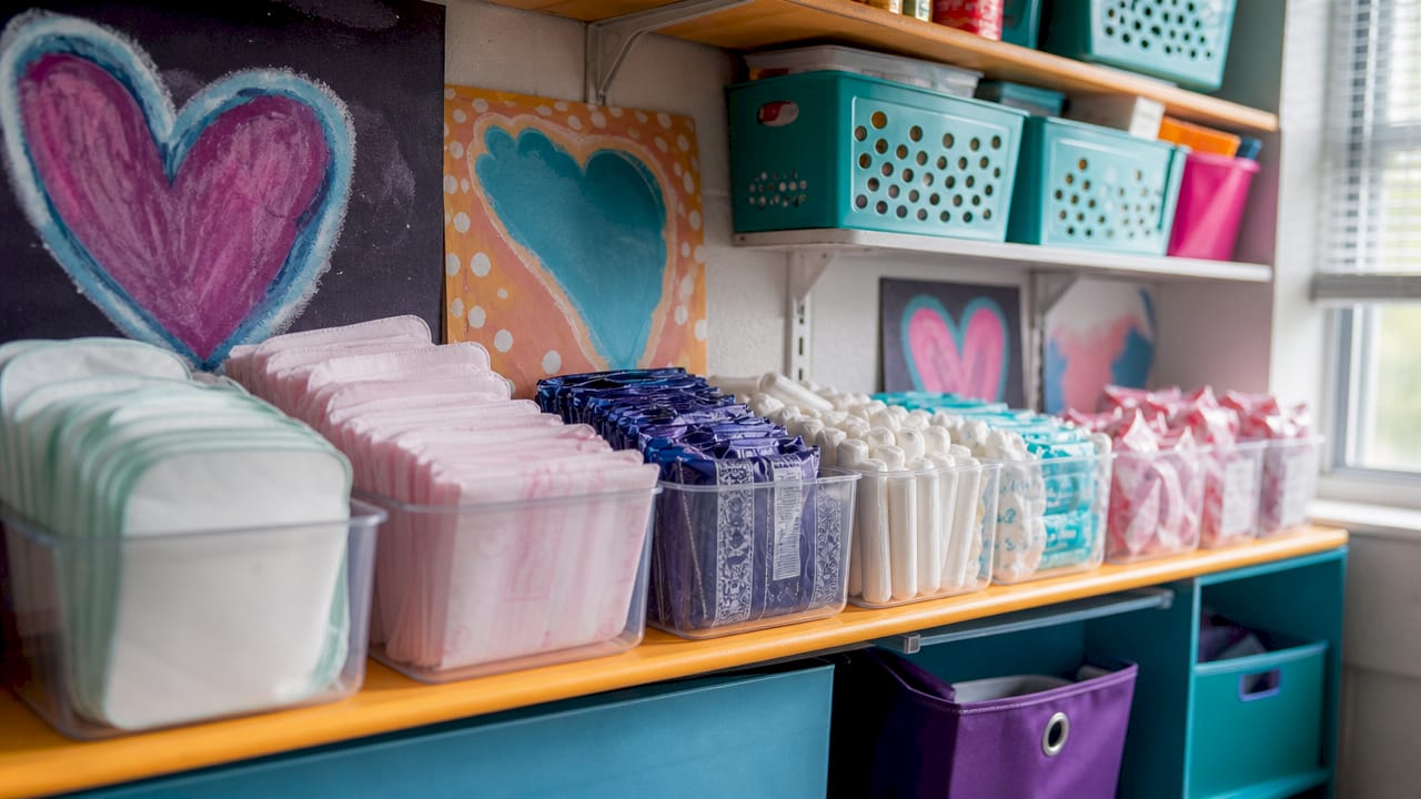 Variety of menstrual products in school supply closet