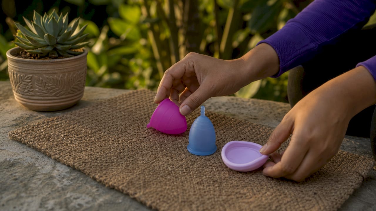 Close-up of menstrual cups and discs on wooden table