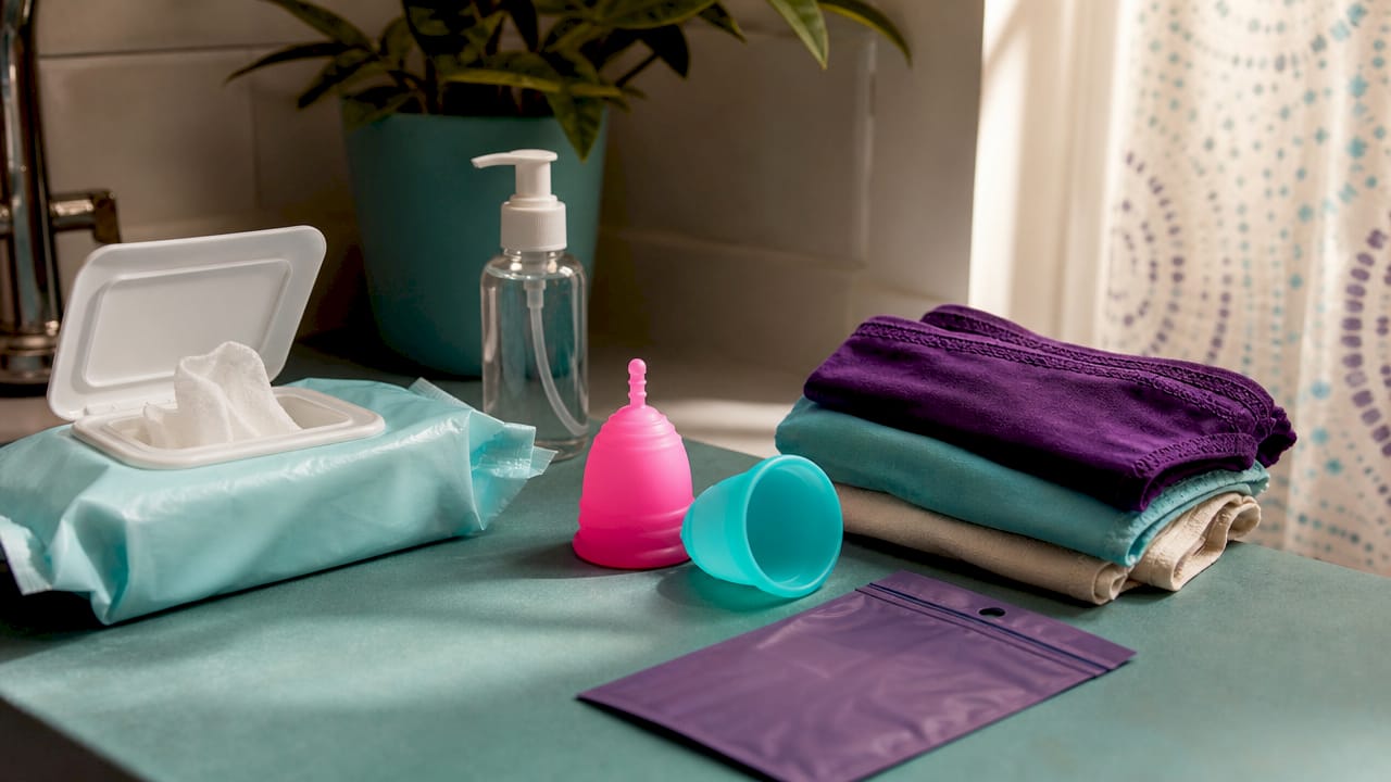 Close-up of essential menstrual hygiene supplies