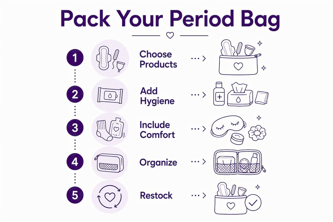 Infographic displaying steps to pack a period bag