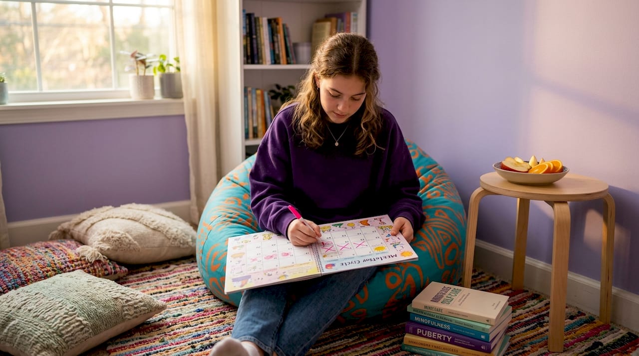 Teen girl marking menstrual cycle on calendar