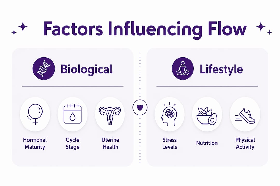 Infographic depicting biological and lifestyle factors affecting first period flow