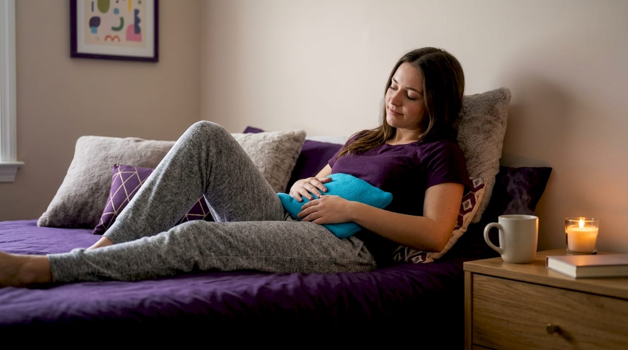 Young woman using heating pad for menstrual comfort