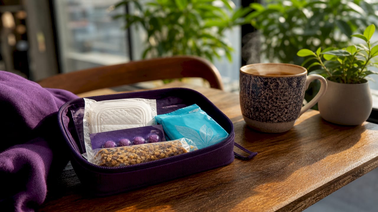 Close-up of sanitary and self care kit essentials