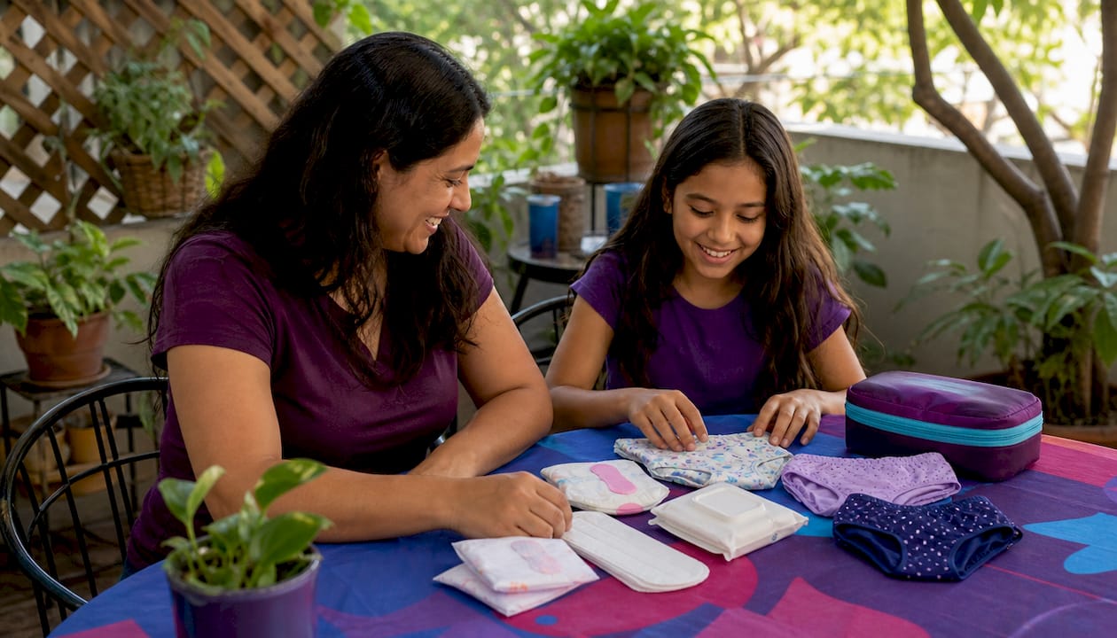 Hands packing first period kit together