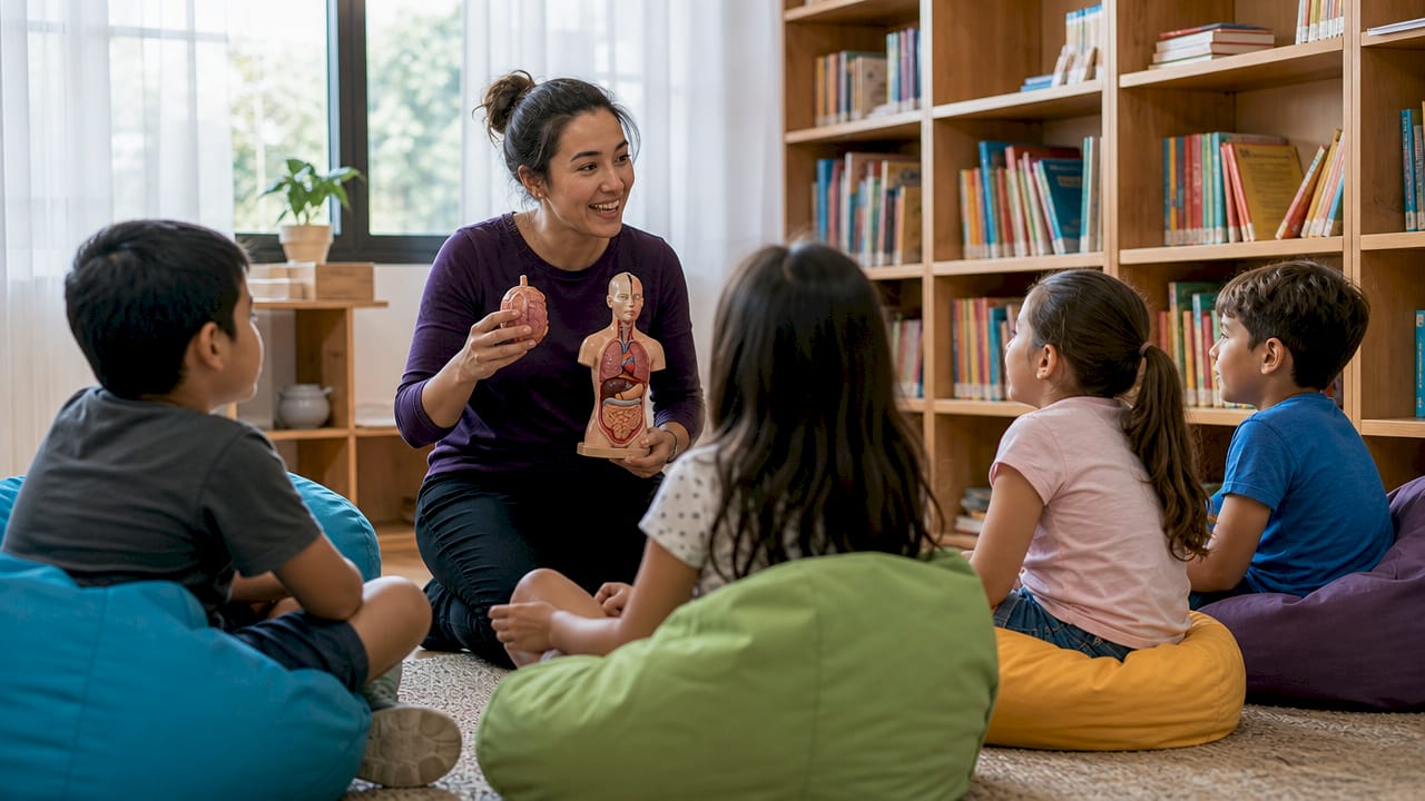 Health educator talking to children in classroom