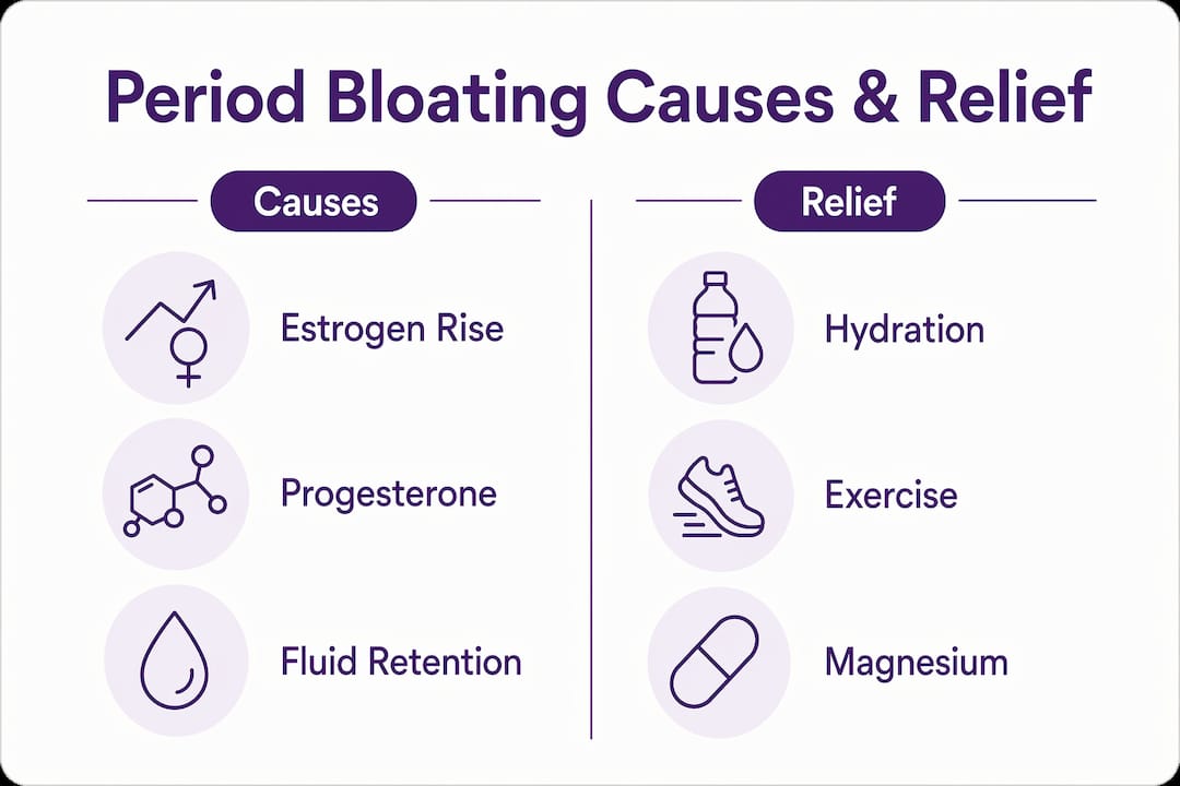 Infographic showing causes and relief of period bloating