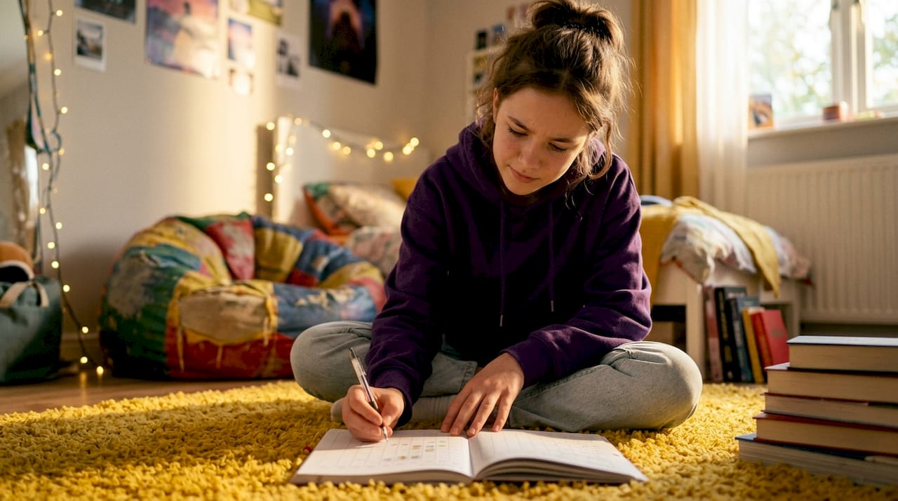 Teen girl tracking period details in journal