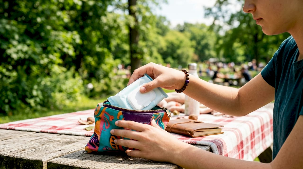 Teen placing hygiene wipes into pouch