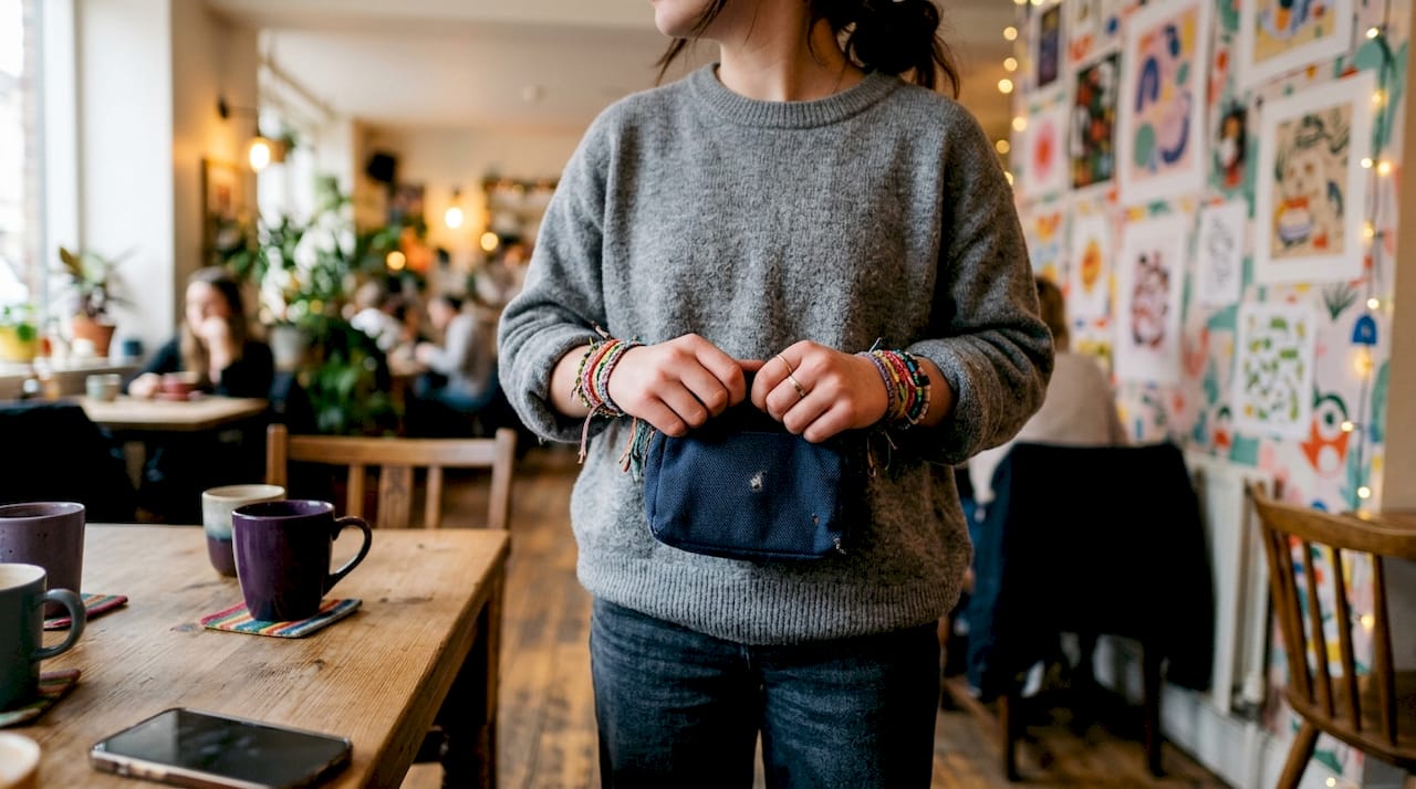 Teen girl clutching purse nervously in school hallway