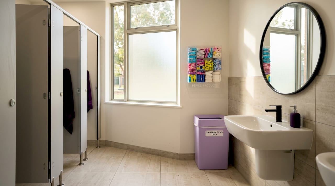 School girls' restroom with menstrual supplies