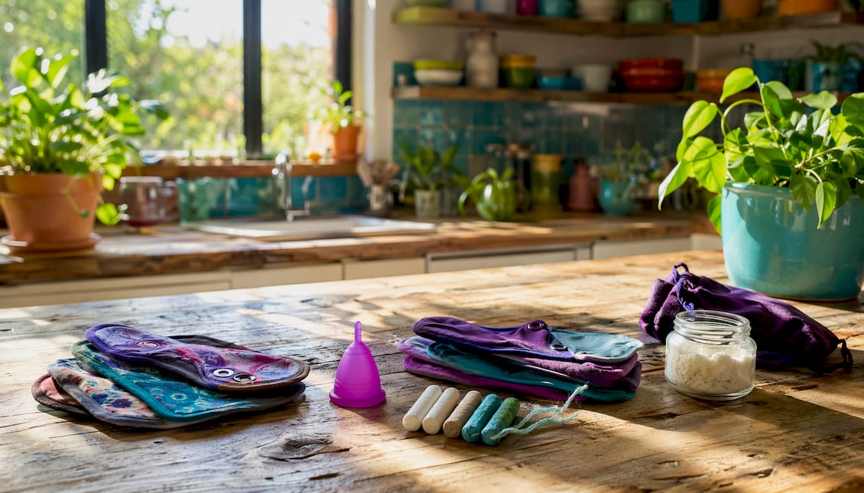 Close-up of sustainable menstrual products arranged neatly