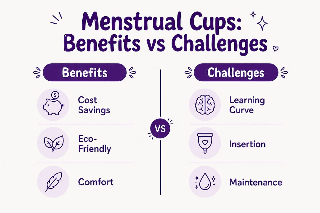 Infographic comparing menstrual cup benefits and challenges