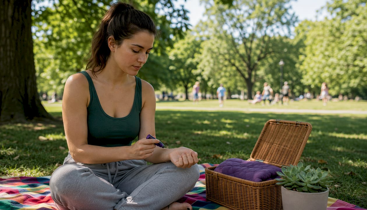 Woman practicing relaxation with essential oils and heating pad