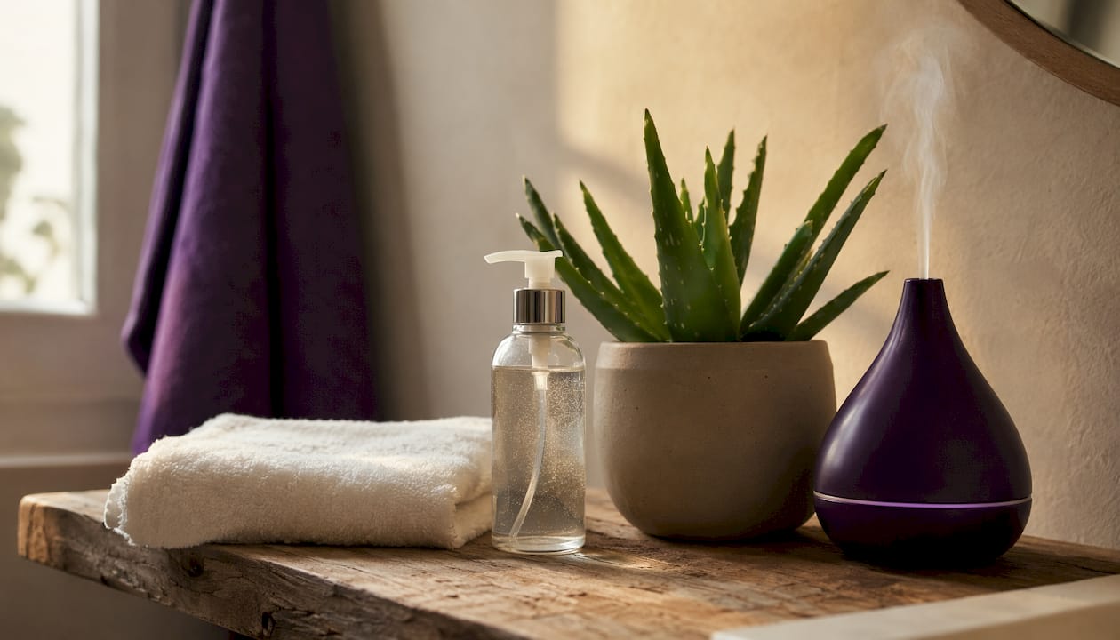 Flat lay of gentle skincare products for period acne