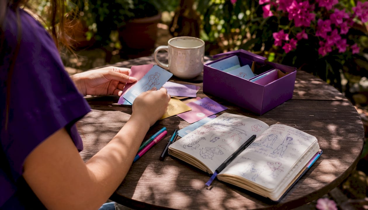 Hands sorting puberty affirmation cards