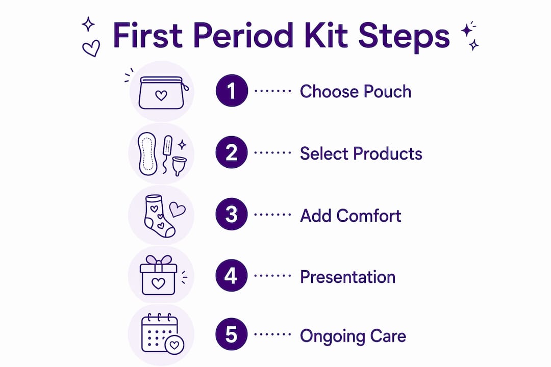 Infographic showing steps to prepare first period kit