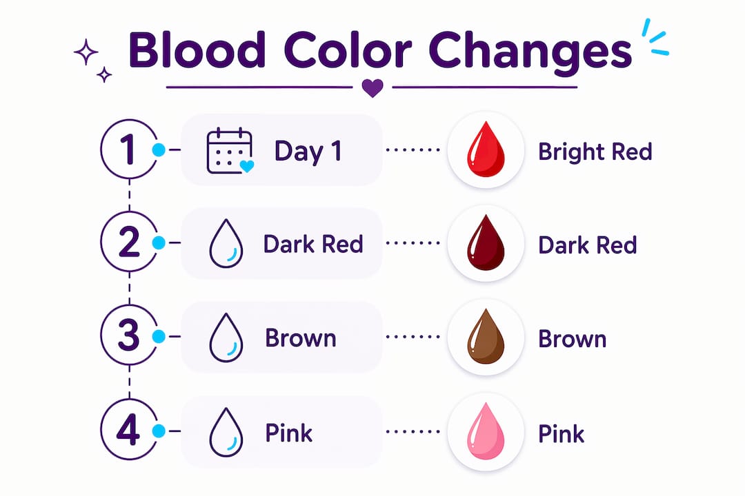 Infographic showing menstrual blood color changes stages