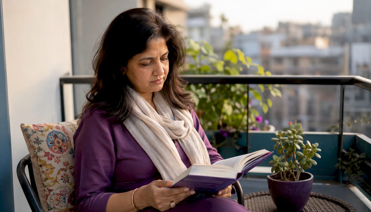 Woman reading about menstrual myths at table