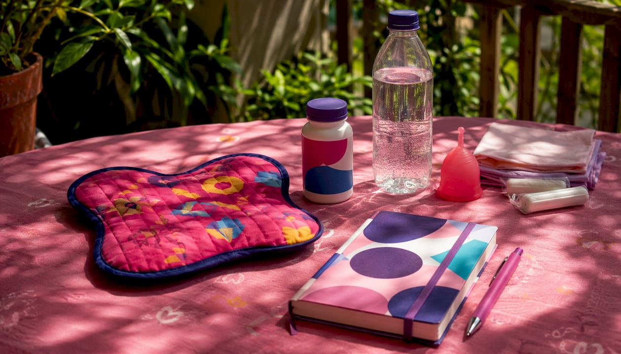 Menstrual care items on wooden desk overhead