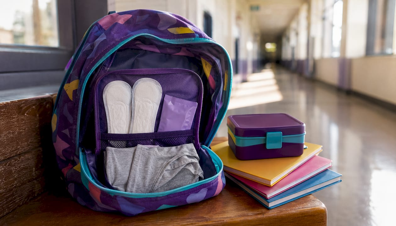 Period emergency kit in backpack on school desk