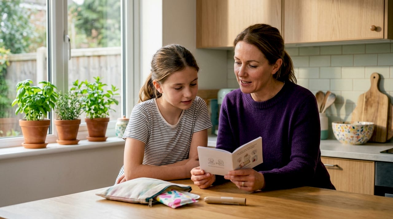 Parent discussing first period kit with daughter