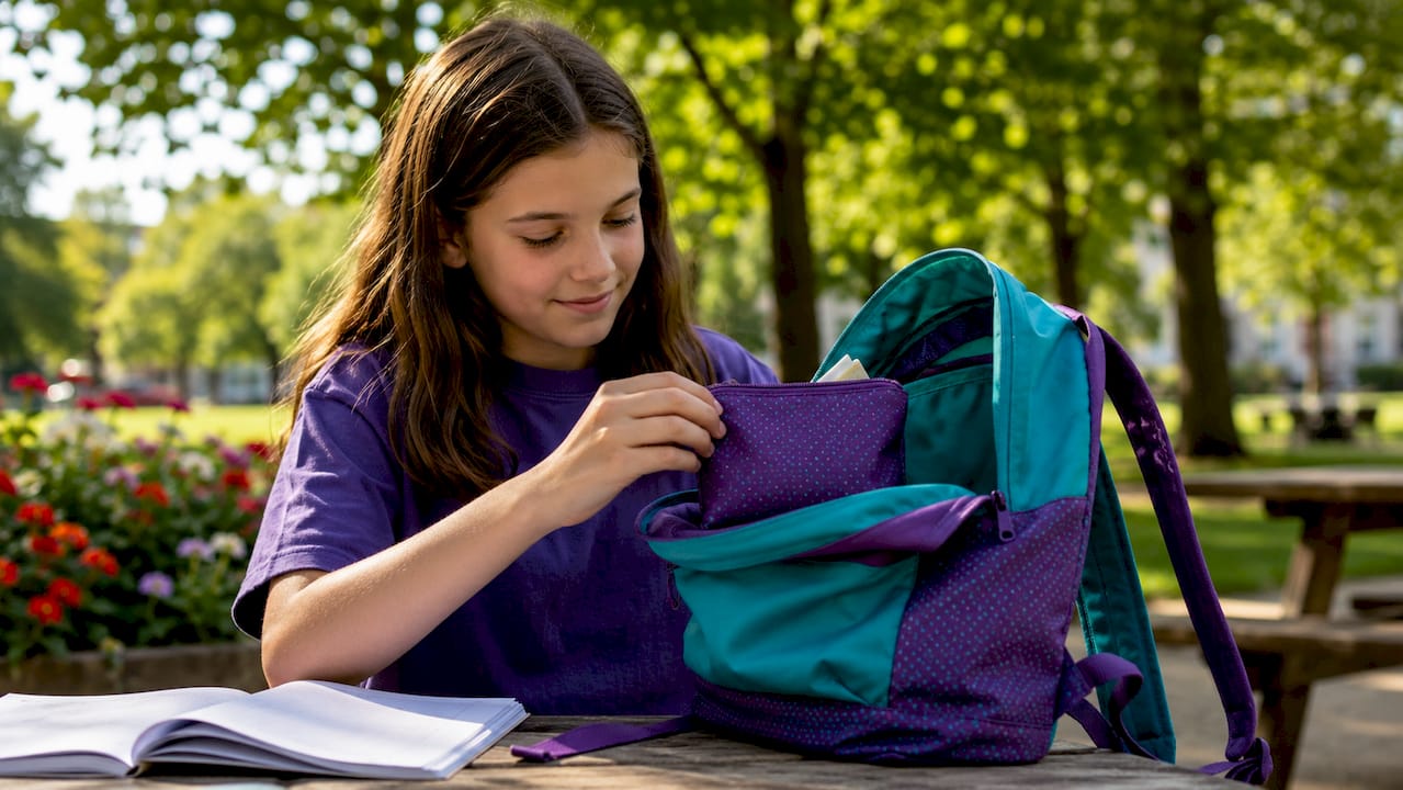 Girl packing period kit in bedroom