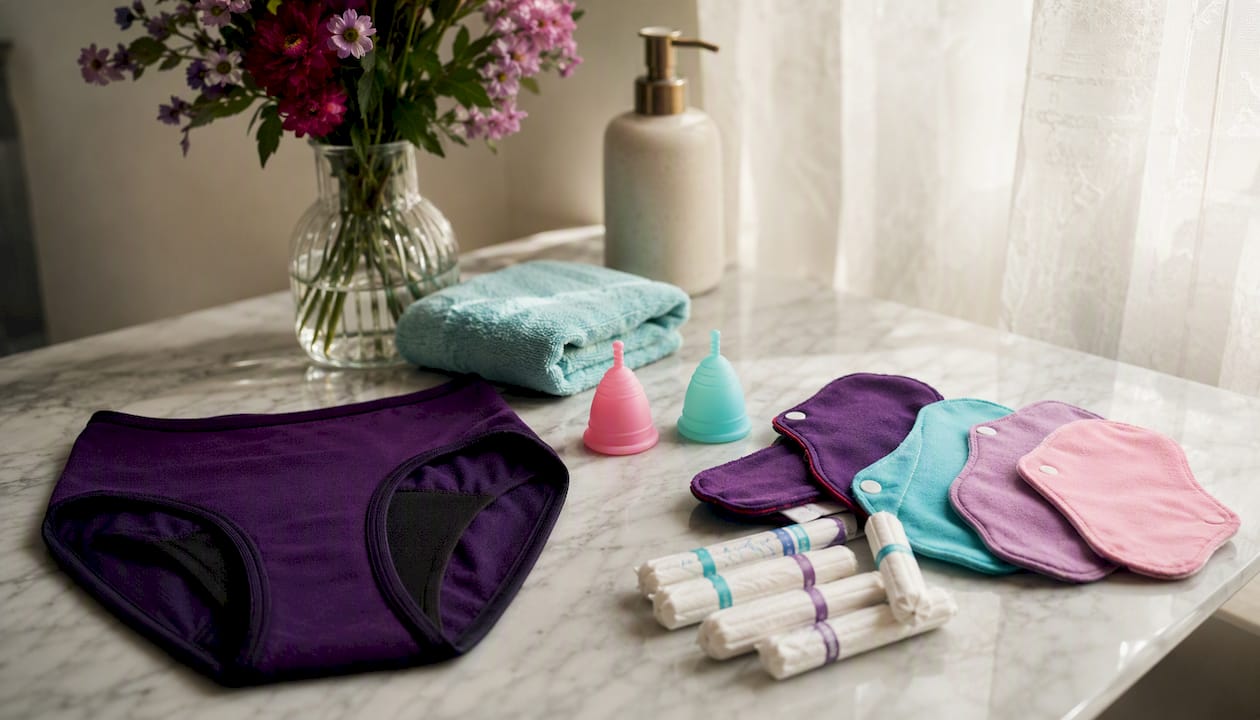 Flat lay of diverse period products on counter