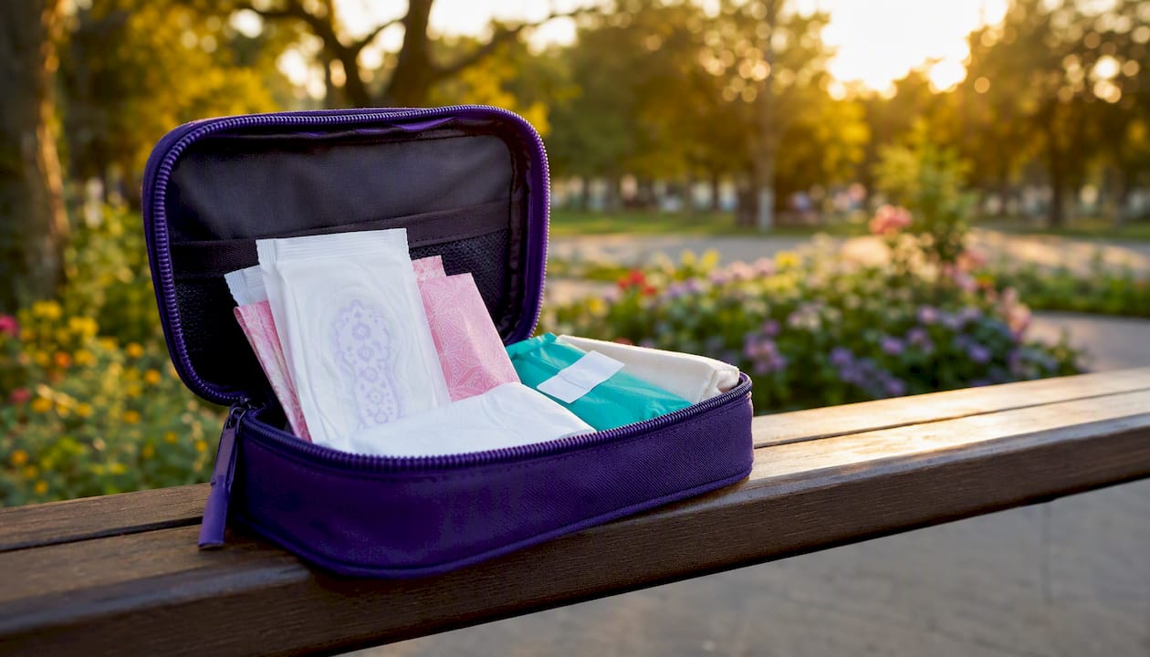 School emergency period pouch with products inside