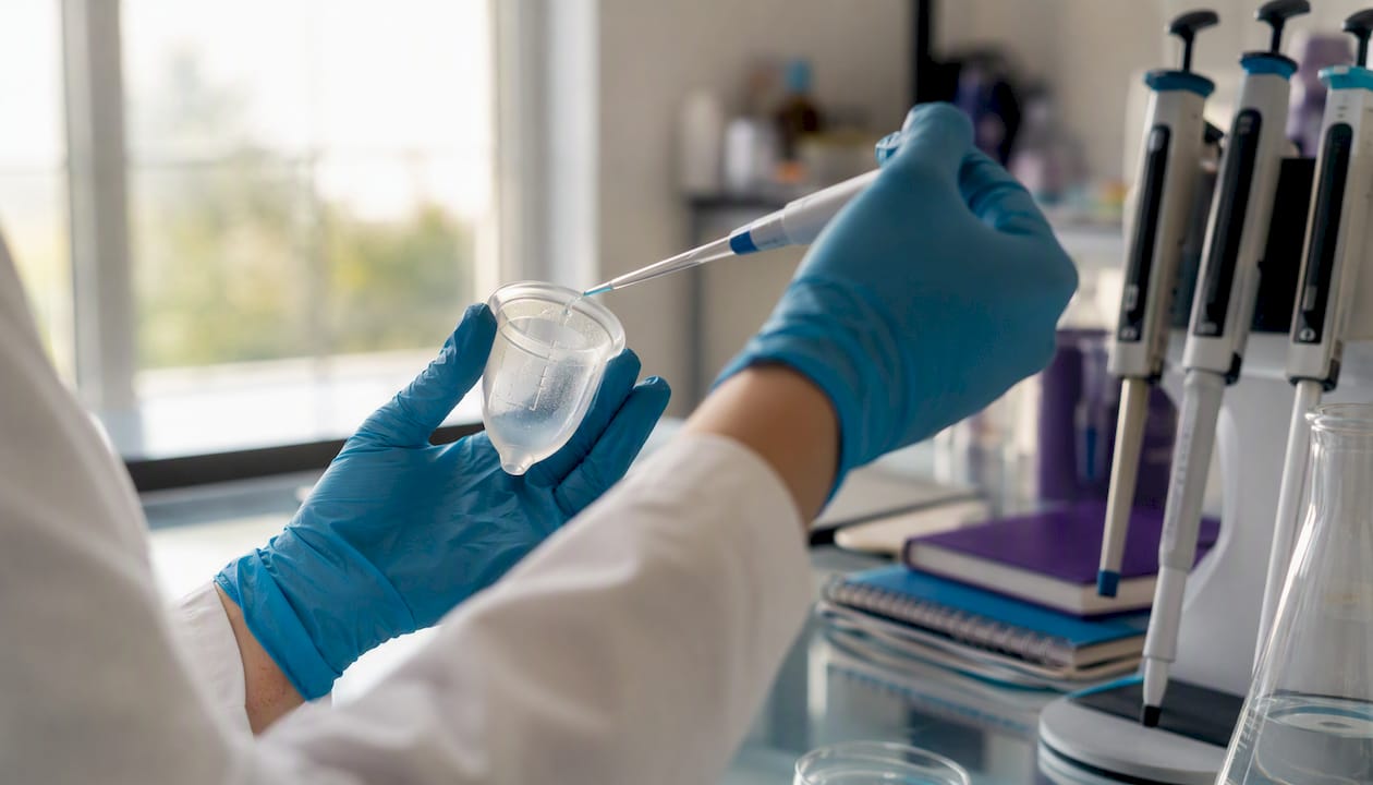 Scientist testing menstrual cup biocompatibility