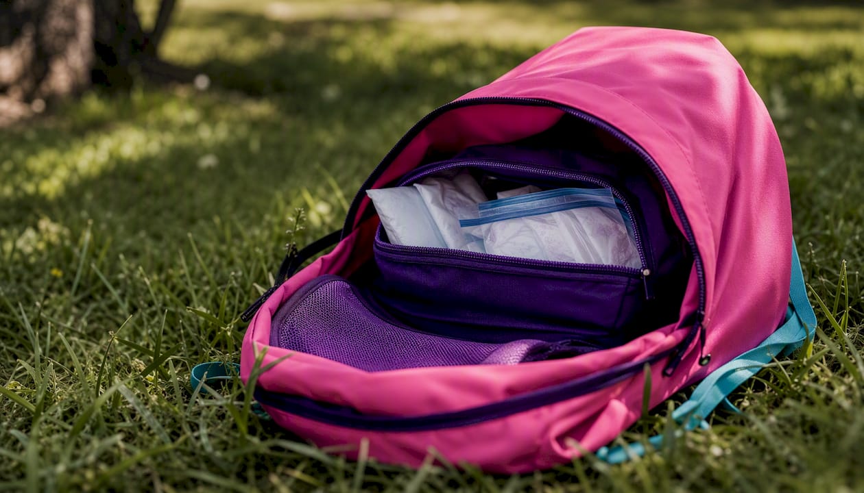 Open backpack with filled period care pouch inside
