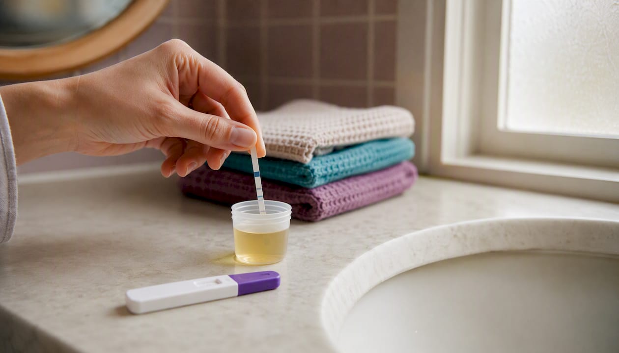Hand dipping ovulation test strip in urine cup