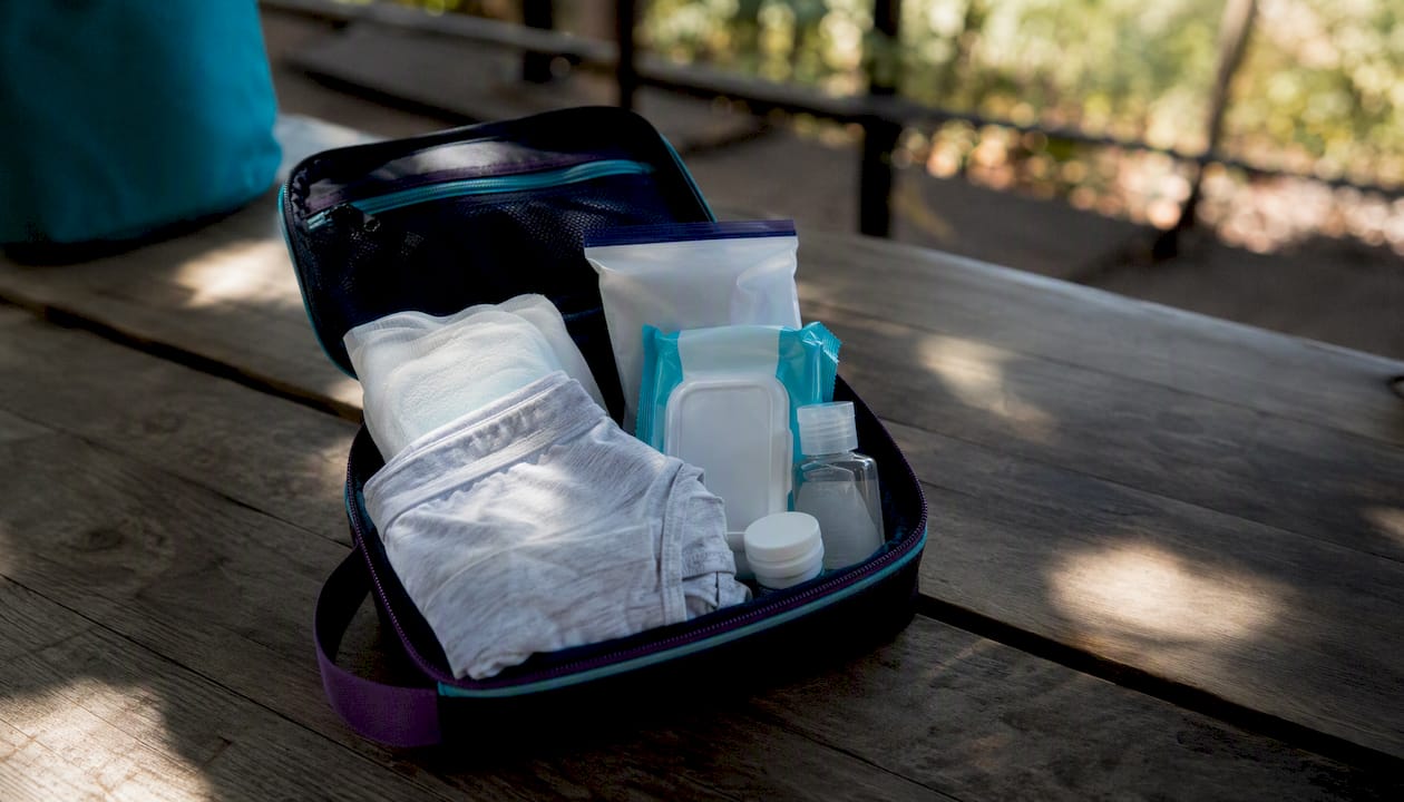 Contents of minimal on-the-go puberty kit pouch