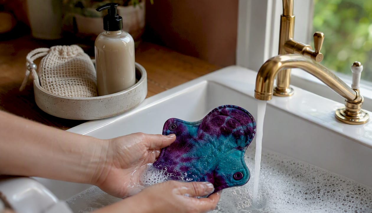 Reusable cloth pad being washed in sink