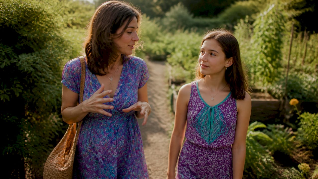 Mother and daughter walking and talking outdoors