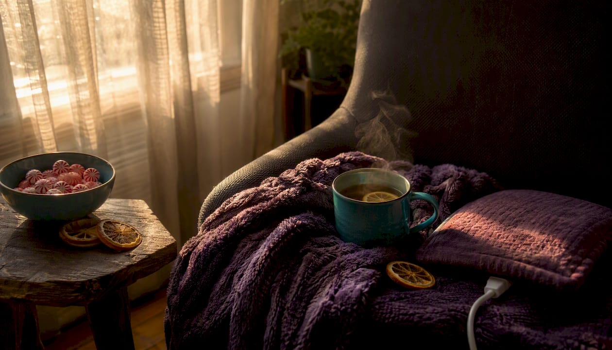 Ginger tea, peppermint candies, and heating pad for nausea relief