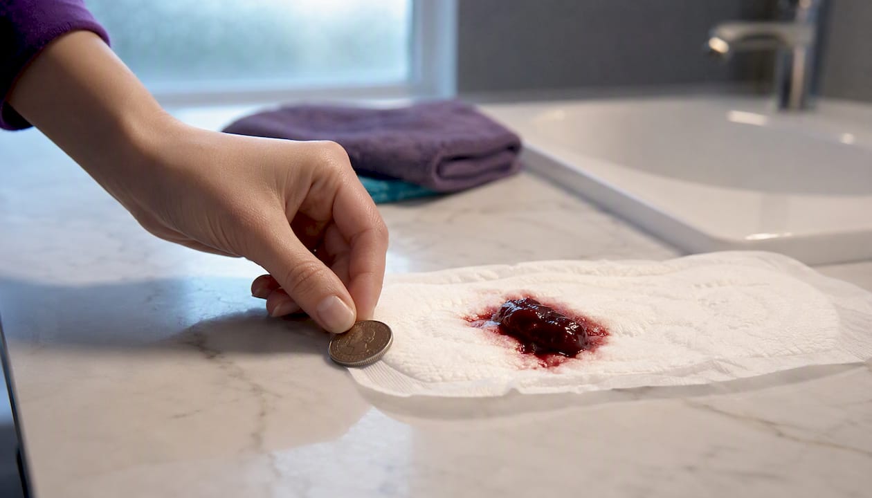 Menstrual clot beside coin for size comparison