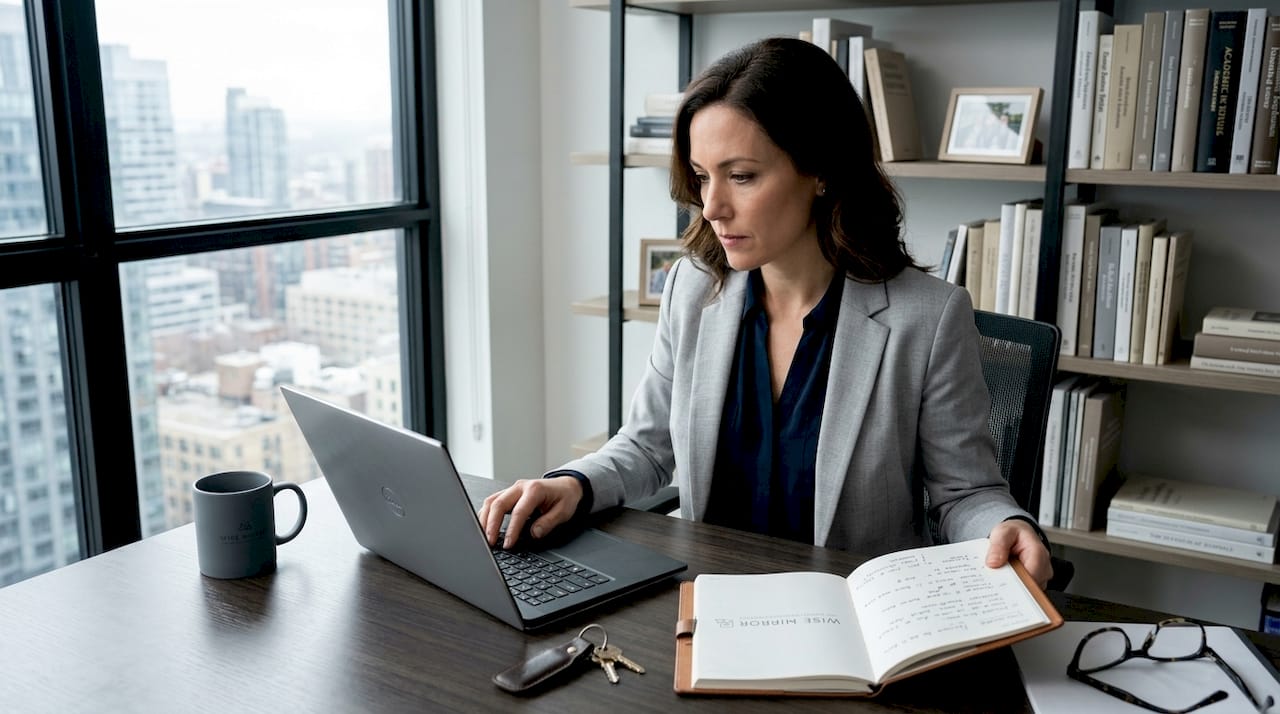 Responsable digitale installée dans un grand bureau lumineux avec vue panoramique.