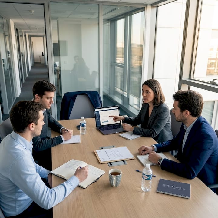 Une équipe échange et s'écoute dans une salle de réunion vitrée, favorisant la transparence et la collaboration.