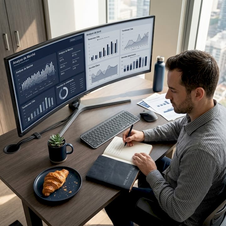 Analyste de données en train de suivre les indicateurs clés de performance sur des tableaux de bord, directement depuis son bureau.