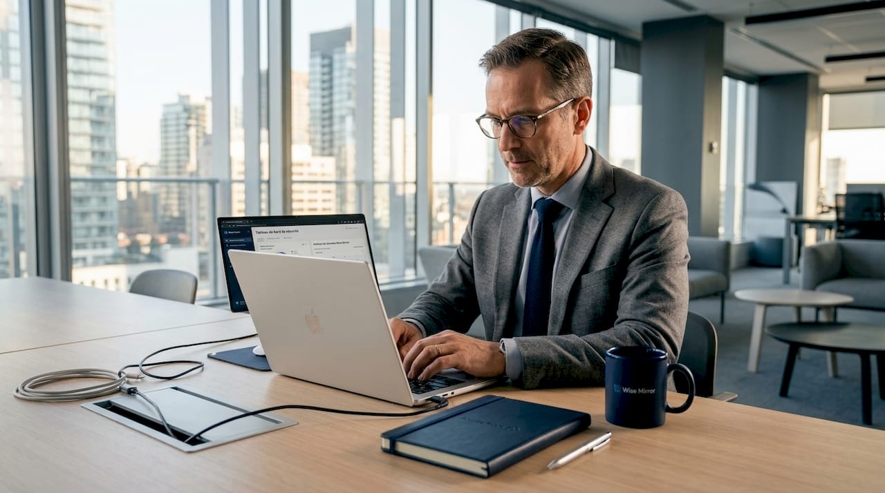 Responsable informatique concentré sur son ordinateur portable, installé à son bureau.
